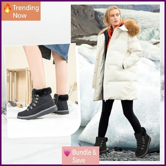 Women's Winter Ankle Boots Fur Lined Non Slip Hiking Snow Boots Zipper - Picture 3 of 8